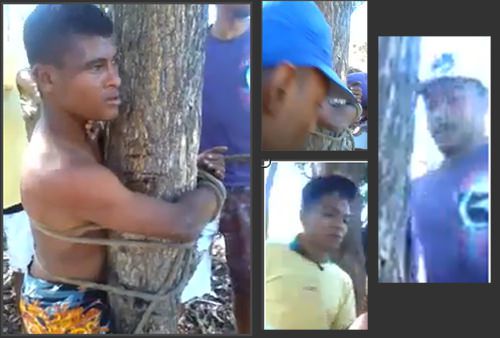 A vítima foi amarrada a uma árvore. Nos destaques, o rosto dos agressores que aparecem no vídeo.